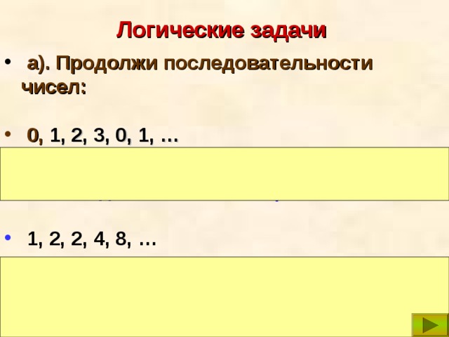 Продолжи последовательность 1 4 9 16