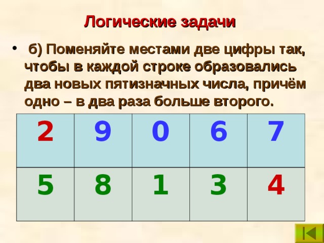 Логические задачи  б) Поменяйте местами две цифры так, чтобы в каждой строке образовались два новых пятизначных числа, причём одно – в два раза больше второго.  4 2 5 5 9 9 0 8 8 0 6 1 6 1 3 3 7 7 2 4 