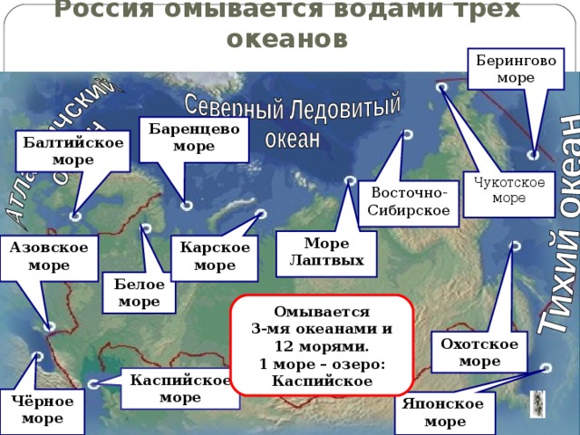 На востоке россия омывается морями. Россия омывается 3 Океанами. Омывается водами трёх океанов ______________, ___________________ и __________________________..