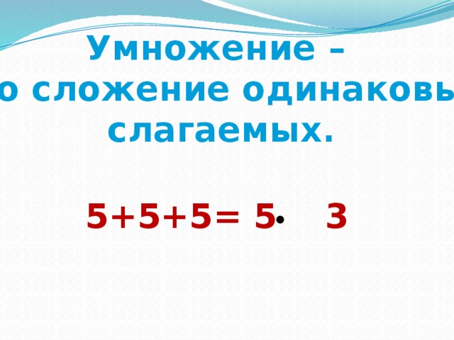 Умножение – это сложение одинаковых слагаемых. 5+5+5= 5 3 
