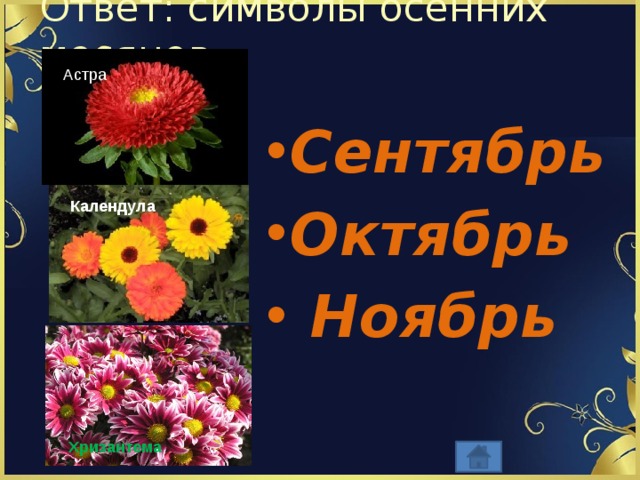 Ответ: символы осенних месяцев Астра Сентябрь Октябрь  Ноябрь Календула Хризантема 