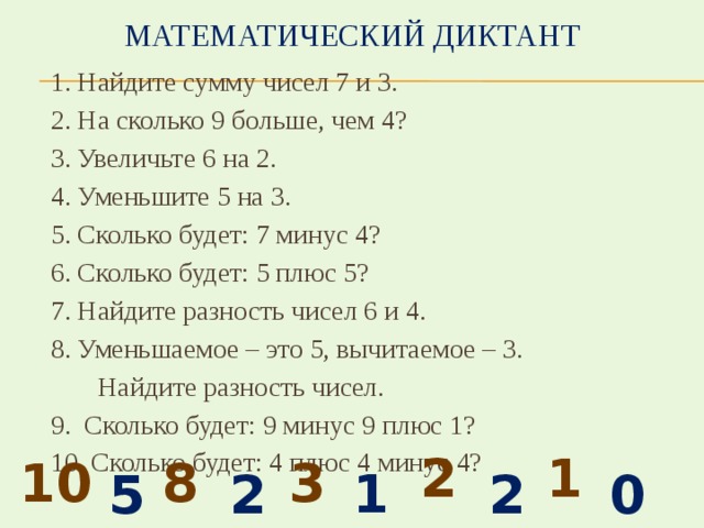 Математический диктант 1. Найдите сумму чисел 7 и 3. 2. На сколько 9 больше, чем 4? 3. Увеличьте 6 на 2. 4. Уменьшите 5 на 3. 5. Сколько будет: 7 минус 4? 6. Сколько будет: 5 плюс 5? 7. Найдите разность чисел 6 и 4. 8. Уменьшаемое – это 5, вычитаемое – 3.  Найдите разность чисел. 9. Сколько будет: 9 минус 9 плюс 1? 10. Сколько будет: 4 плюс 4 минус 4?  2 1 10 8 3 10 5 2 2 0 