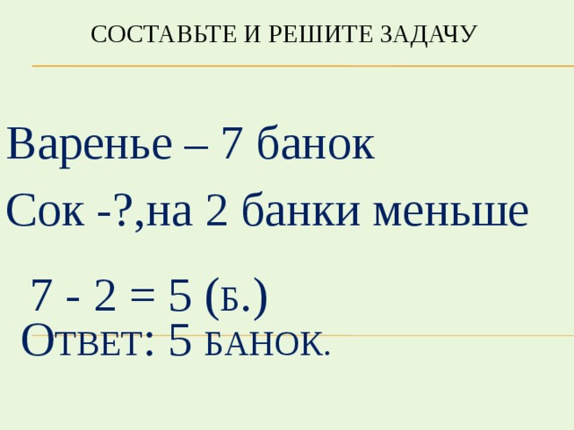 Составьте и решите задачу Варенье – 7 банок Сок -?,на 2 банки меньше 7 - 2 = 5 ( б .) О твет : 5 банок. 