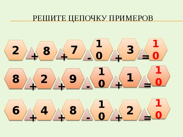 Решите цепочку примеров 10 10  3 2 7 8 + + = - + 10 1 10 8 2 9 + = + - + 10 2 6 10 8 4 = + - + + 