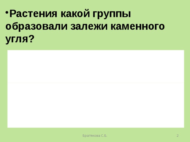 Растения какой группы образовали залежи каменного угля? А) моховидные В) цветковые Б) папоротнико- видные Г) древние водоросли Братякова С.Б.  