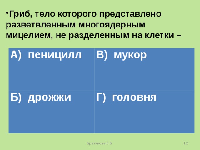 Гриб, тело которого представлено разветвленным многоядерным мицелием, не разделенным на клетки – А) пеницилл В) мукор Б) дрожжи Г) головня Братякова С.Б.  