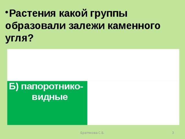 Растения какой группы образовали залежи каменного угля? А) моховидные В) цветковые Б) папоротнико- видные Г) древние водоросли Братякова С.Б.  