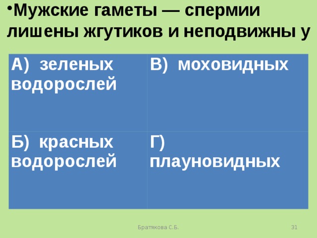 Мужские гаметы — спермии лишены жгутиков и неподвижны у А) зеленых водорослей В) моховидных Б) красных водорослей Г) плауновидных Братякова С.Б.  