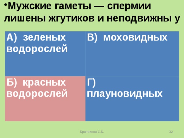 Мужские гаметы — спермии лишены жгутиков и неподвижны у А) зеленых водорослей В) моховидных Б) красных водорослей Г) плауновидных Братякова С.Б.  