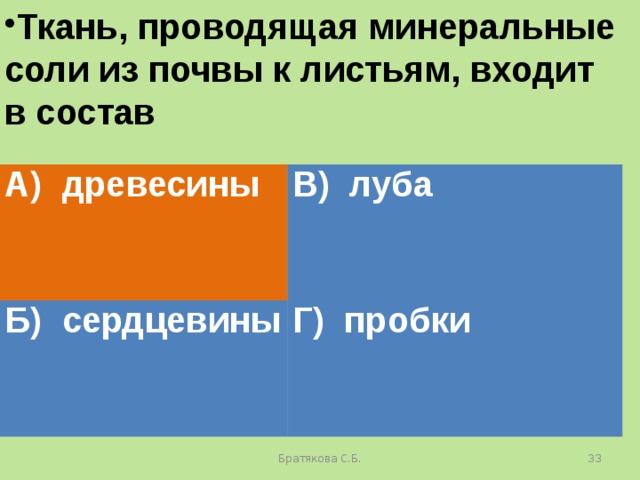 Ткань, проводящая минеральные соли из почвы к листьям, входит в состав А) древесины В) луба Б) сердцевины Г) пробки Братякова С.Б.  