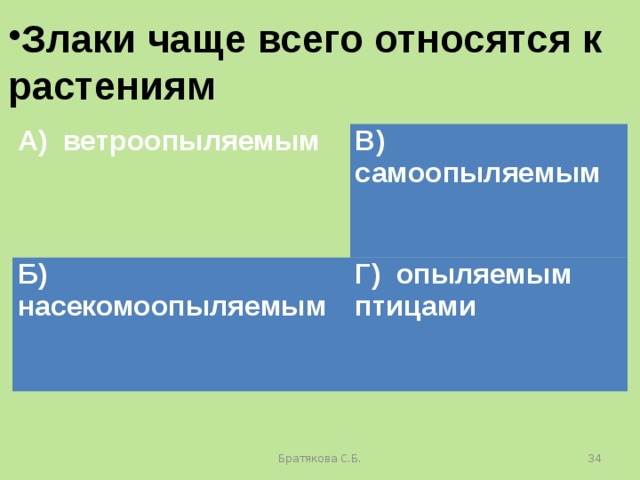 Злаки чаще всего относятся к растениям А) ветроопыляемым В) самоопыляемым Б) насекомоопыляемым Г) опыляемым птицами Братякова С.Б.  