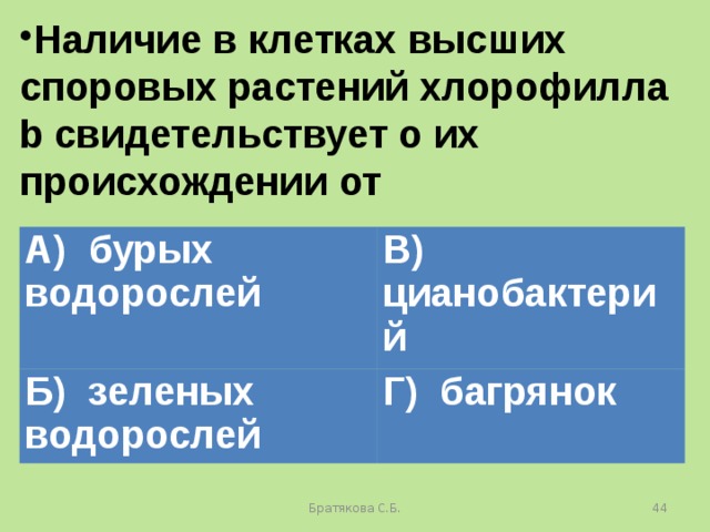 Наличие в клетках высших споровых растений хлорофилла b свидетельствует о их происхождении от А) бурых водорослей Б) зеленых водорослей В) цианобактерий Г) багрянок Братякова С.Б.  