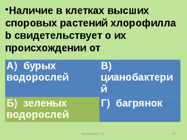 Наличие в клетках высших споровых растений хлорофилла b свидетельствует о их происхождении от А) бурых водорослей Б) зеленых водорослей В) цианобактерий Г) багрянок Братякова С.Б.  