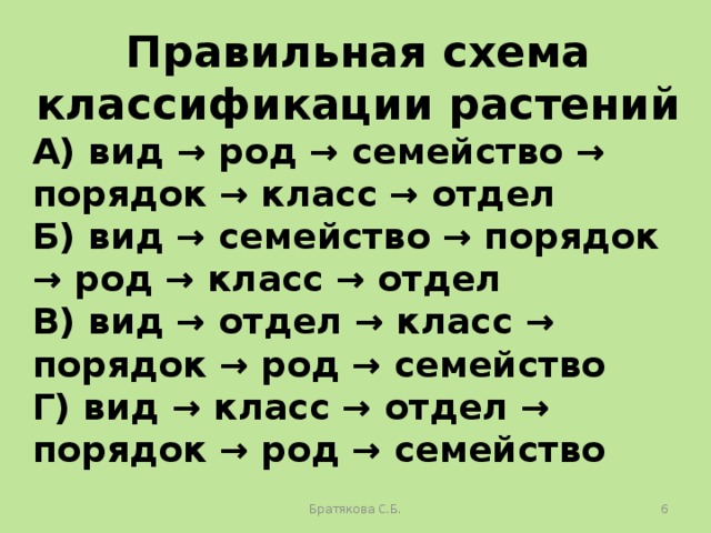 Правильная схема классификации растений А) вид → род → семейство → порядок → класс → отдел Б) вид → семейство → порядок → род → класс → отдел В) вид → отдел → класс → порядок → род → семейство Г) вид → класс → отдел → порядок → род → семейство Братякова С.Б.  