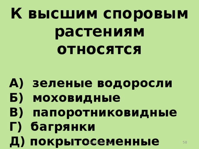 К высшим споровым растениям относятся  A) зеленые водоросли Б) моховидные B) папоротниковидные Г) багрянки Д) покрытосеменные Е) хвощевидные Братякова С.Б.  