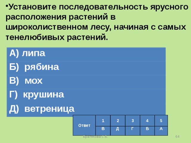 Установите последовательность ярусного расположения растений в широколиственном лесу, начиная с самых тенелюбивых растений. А) липа Б) рябина В) мох Г) крушина Д) ветреница Ответ 1 В 2 Д 3 4 Г Б 5 А Братякова С.Б.  