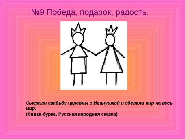 № 9 Победа, подарок, радость. Сыграли свадьбу царевны с Иванушкой и сделали пир на весь мир.   (Сивка-бурка. Русская народная сказка) 