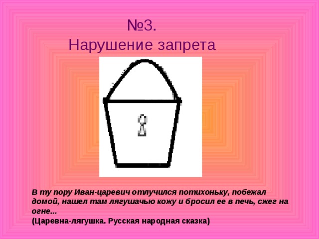 № 3.  Нарушение запрета В ту пору Иван-царевич отлучился потихоньку, побежал домой, нашел там лягушачью кожу и бросил ее в печь, сжег на огне...  (Царевна-лягушка. Русская народная сказка) 