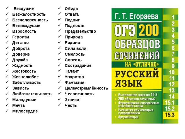  Бездушие Безжалостность Бесчеловечность Великодушие Взрослость Героизм Детство Доброта Доверие Дружба Жадность Жестокость Жизнелюбие Заботливость Зависть Любознательность Малодушие Мечта Милосердие Обида Отвага Подвиг Подлость Предательство Природа Родина Сила воли Смелость Совесть Сострадание Талант Упорство Фантазия Целеустремлённость Человечность Эгоизм Честь   