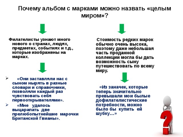 Почему альбом с марками можно назвать «целым миром»?  Стоимость редких марок обычно очень высока, поэтому даже небольшая часть проданной коллекции могла бы дать возможность сыну путешествовать по всему миру.     «Из заначек, которые теперь значительно превышали мои былые дофилателистические потребности, можно было бы купить ей шубку…»   Филателисты узнают много нового о странах, людях, предметах, событиях и т.д., которые изображены на марках.     «Они заставляли нас с сыном нырять в разные словари и справочники, позволяли каждый раз чувствовать себя первооткрывателями».  «Мне удалось выцарапать две прелюбопытнейшие марочки Британской Гвианы». 