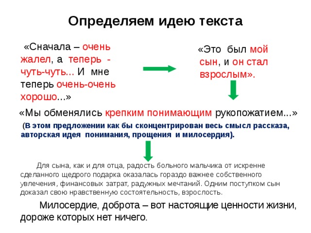 Определяем идею текста  «Сначала – очень жалел , а теперь - чуть-чуть... И мне теперь очень-очень хорошо ...»  «Это был мой сын , и он стал взрослым».  «Мы обменялись крепким понимающим рукопожатием...»  ( В этом предложении как бы сконцентрирован весь смысл рассказа, авторская идея понимания, прощения и милосердия).  Для сына, как и для отца, радость больного мальчика от искренне сделанного щедрого подарка оказалась гораздо важнее собственного увлечения, финансовых затрат, радужных мечтаний. Одним поступком сын доказал свою нравственную состоятельность, взрослость.  Милосердие, доброта – вот настоящие ценности жизни, дороже которых нет ничего. 