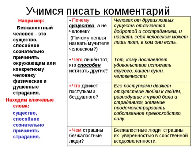 Учимся писать комментарий  Например:   Безжалостный человек – это существо, способное сознательно причинять окружающим или конкретному человеку физические и душевные страдания. Находим ключевые слова:  существо, способное сознательно причинять страдания.   Почему существо , а не человек?  (Почему нельзя назвать мучителя человеком?) Человек от других живых существ отличается добротой и состраданием, и назвать себя человеком может лишь тот, в ком они есть.  Чего лишён тот, кто способен истязать других? Тот, кому доставляет удовольствие истязать другого, лишен души, человечности.  Что движет поступками бездушного? Его поступками движет отсутствие любви к людям, равнодушие к чужой боли и страданиям, желание продемонстрировать собственное превосходство, силу.  Чем страшны безжалостные люди? Безжалостные люди страшны их уверенностью в собственной вседозволенности. 