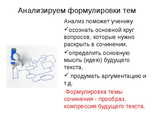 Анализируем формулировки тем Анализ поможет ученику осознать основной круг вопросов, которые нужно раскрыть в сочинении, определить основную мысль (идею) будущего текста,  продумать аргументацию и т.д.  Формулировка темы сочинения - прообраз, компрессия будущего текста. 