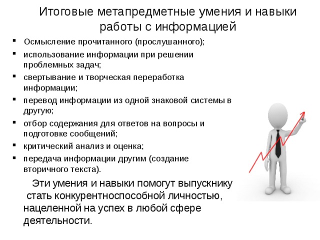 Итоговые метапредметные умения и навыки работы с информацией Осмысление прочитанного (прослушанного); использование информации при решении проблемных задач; свертывание и творческая переработка информации; перевод информации из одной знаковой системы в другую; отбор содержания для ответов на вопросы и подготовке сообщений; критический анализ и оценка; передача информации другим (создание вторичного текста).  Эти умения и навыки помогут выпускнику стать конкурентноспособной личностью, нацеленной на успех в любой сфере деятельности. 