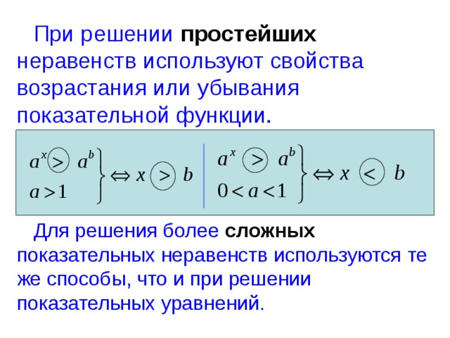  При решении простейших неравенств используют свойства возрастания или убывания показательной функции.  Для решения более сложных показательных неравенств используются те же способы, что и при решении показательных уравнений. 