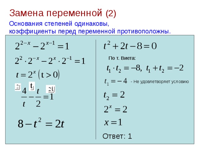 Замена переменной  (2) Основания степеней одинаковы, коэффициенты перед переменной противоположны.   По т. Виета: - Не удовлетворяет условию Ответ: 1 