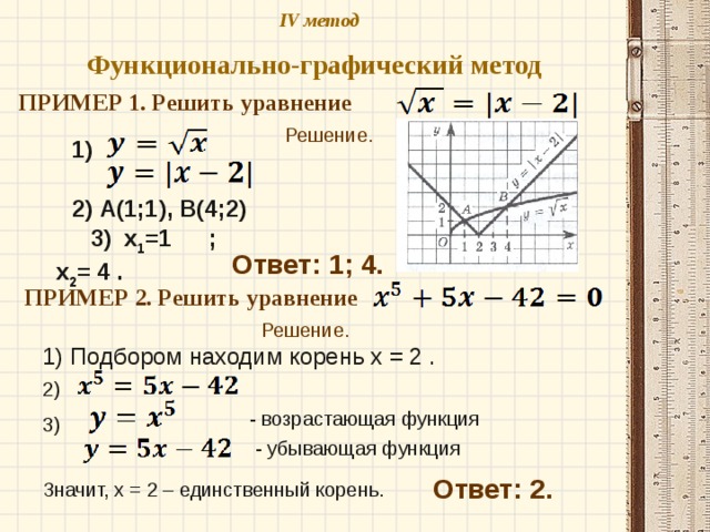 IV метод  Функционально-графический метод  ПРИМЕР 1. Решить уравнение  Решение. 1) 2) А(1;1), В(4;2) 3) х 1 =1 ; х 2 = 4 . Ответ: 1; 4. ПРИМЕР 2. Решить уравнение  Решение. 1) Подбором находим корень х = 2 . 2) - возрастающая функция 3) - убывающая функция Ответ: 2. Значит, х = 2 – единственный корень. 