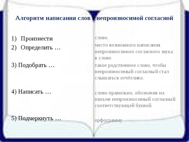 Алгоритм написания слов с непроизносимой согласной слово. место возможного написания непроизносимого согласного звука в слове. такое родственное слово, чтобы непроизносимый согласный стал слышаться отчётливо. слово правильно, обозначив на письме непроизносимый согласный соответствующей буквой. орфограмму Произнести Определить … 3) Подобрать … 4) Написать … 5) Подчеркнуть …