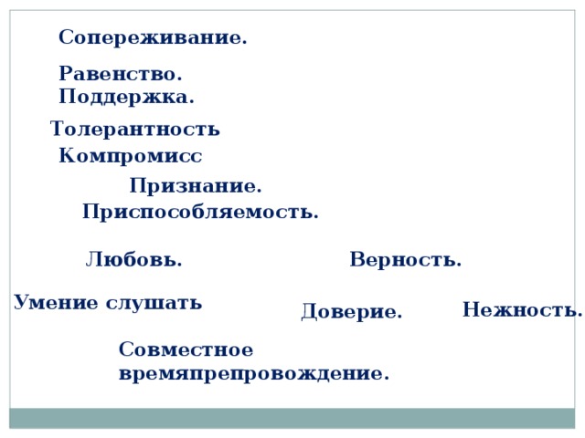 Сопереживание. Равенство. Поддержка. Толерантность Компромисс Признание. Приспособляемость. Любовь. Верность. Умение слушать Нежность. Доверие. Совместное времяпрепровождение. 