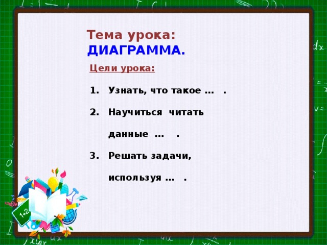 Тема урока:  ДИАГРАММА. Цели урока: Узнать, что такое … . Научиться читать данные … . Решать задачи, используя … . 