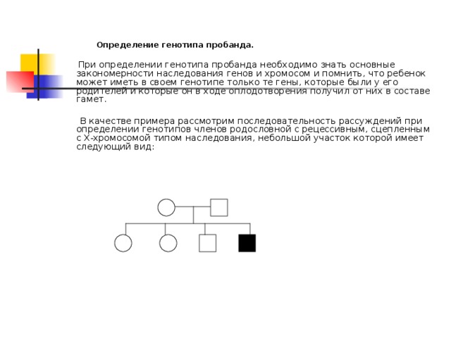  Определение генотипа пробанда.  При определении генотипа пробанда необходимо знать основные закономерности наследования генов и хромосом и помнить, что ребенок может иметь в своем генотипе только те гены, которые были у его родителей и которые он в ходе оплодотворения получил от них в составе гамет.  В качестве примера рассмотрим последовательность рассуждений при определении генотипов членов родословной с рецессивным, сцепленным с Х-хромосомой типом наследования, небольшой участок которой имеет следующий вид: 