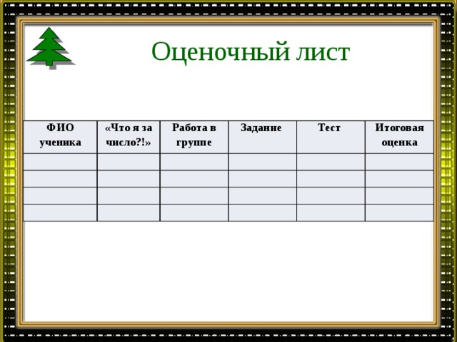 Оценочный лист ФИО ученика «Что я за число?!» Работа в группе Задание Тест Итоговая оценка 