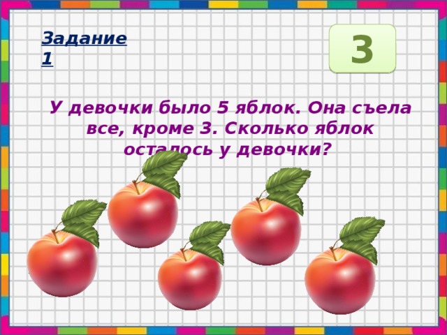 3 Задание 1 У девочки было 5 яблок. Она съела все, кроме 3. Сколько яблок осталось у девочки? 