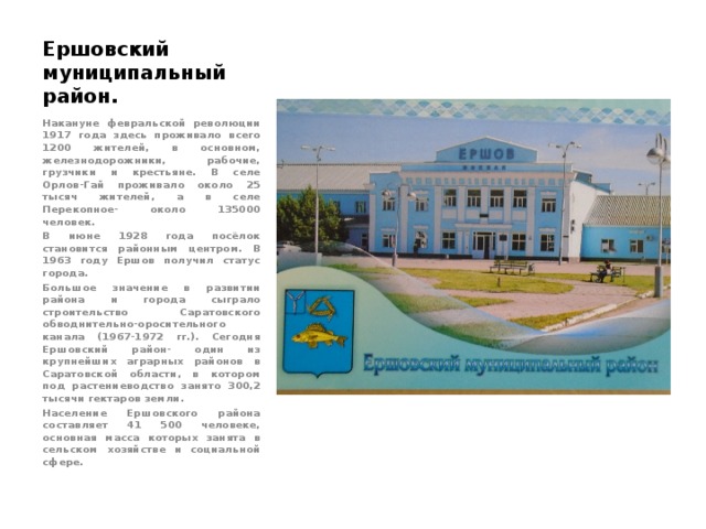 Ершовский муниципальный район. Накануне февральской революции 1917 года здесь проживало всего 1200 жителей, в основном, железнодорожники, рабочие, грузчики и крестьяне. В селе Орлов-Гай проживало около 25 тысяч жителей, а в селе Перекопное- около 135000 человек. В июне 1928 года посёлок становится районным центром. В 1963 году Ершов получил статус города. Большое значение в развитии района и города сыграло строительство Саратовского обводнительно-оросительного канала (1967-1972 гг.). Сегодня Ершовский район- один из крупнейших аграрных районов в Саратовской области, в котором под растениеводство занято 300,2 тысячи гектаров земли. Население Ершовского района составляет 41 500 человеке, основная масса которых занята в сельском хозяйстве и социальной сфере. 
