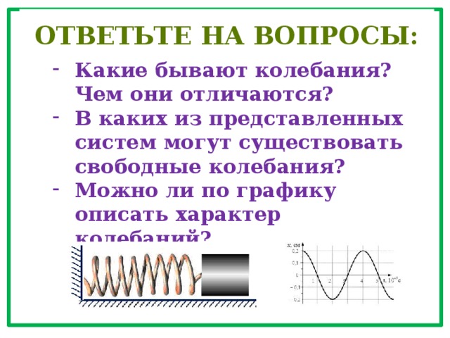   Ответьте на вопросы: Какие бывают колебания? Чем они отличаются? В каких из представленных систем могут существовать свободные колебания? Можно ли по графику описать характер колебаний? 