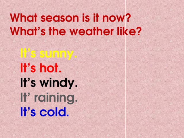 What season is it now? What’s the weather like? It’s sunny. It’s hot. It’s windy. It’ raining. It’s cold. 