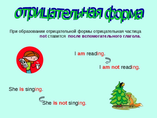  При образовании отрицательной формы отрицательная частица  not  ставится после вспомогательного глагола.    I  am read ing .  I am not read ing . She is sing ing .  She is not  sing ing .  