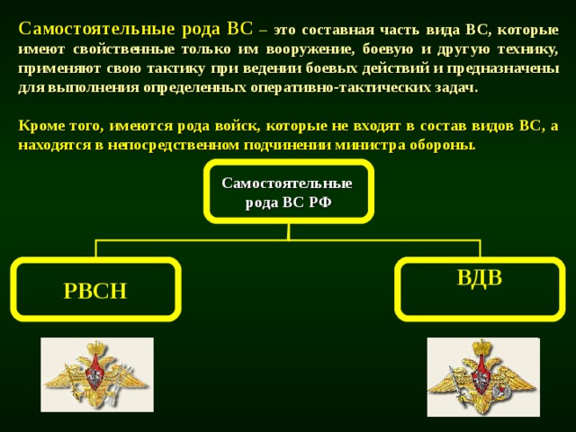 Самостоятельные рода ВС –  это составная часть вида ВС, которые имеют свойственные только им вооружение, боевую и другую технику, применяют свою тактику при ведении боевых действий и предназначены для выполнения определенных оперативно-тактических задач.  Кроме того, имеются рода войск, которые не входят в состав видов ВС, а находятся в непосредственном подчинении министра обороны.  Самостоятельные рода ВС РФ РВСН ВДВ  