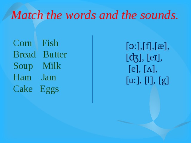 Match the words and the sounds. Corn Fish Bread Butter Soup Milk Ham Jam Cake Eggs [ɔ:],[f],[æ], [ʤ], [eɪ],  [e], [ʌ], [u:], [l], [g] 