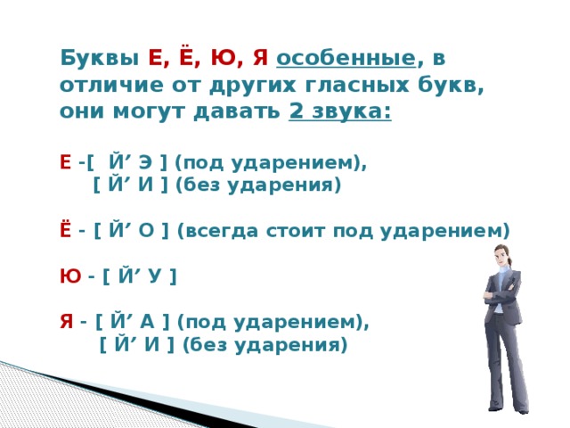 Буквы Е, Ё, Ю, Я особенные , в отличие от других гласных букв, они могут давать 2 звука:   Е -[ Й ’ Э ] (под ударением),  [ Й ’ И ] (без ударения)  Ё - [ Й ’ О ] (всегда стоит под ударением)  Ю - [ Й ’ У ]  Я - [ Й ’ А ] (под ударением),  [ Й ’ И ] (без ударения)  