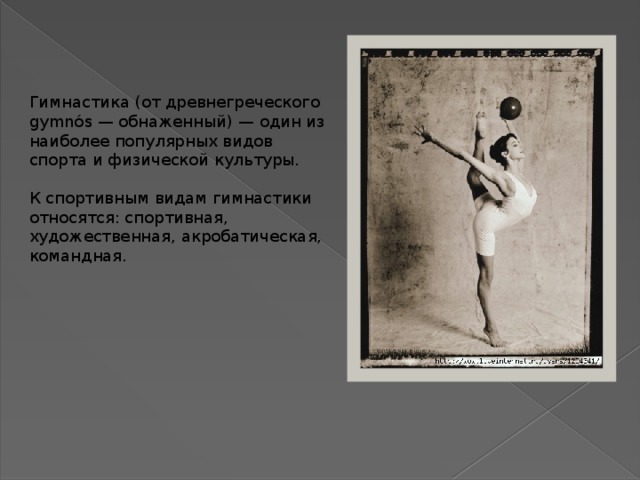 Гимнастика (от древнегреческого gymnós — обнаженный) — один из наиболее популярных видов спорта и физической культуры. К спортивным видам гимнастики относятся: спортивная, художественная, акробатическая, командная. 