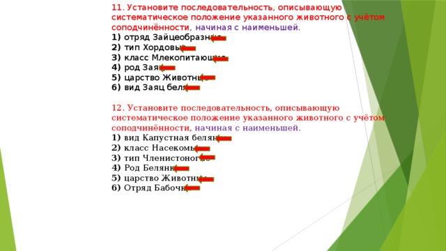 11. Установите последовательность, описывающую систематическое положение указанного животного с учётом соподчинённости , начиная с наименьшей. 1) отряд Зайцеобразные 2) тип Хордовые 3) класс Млекопитающие 4) род Заяц 5) царство Животные 6) вид Заяц беляк 12. Установите последовательность, описывающую систематическое положение указанного животного с учётом соподчинённости, начиная с наименьшей. 1) вид Капустная белянка 2) класс Насекомые 3) тип Членистоногие 4) Род Белянка 5) царство Животные 6) Отряд Бабочки 