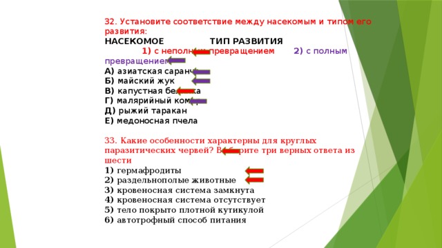 Установите соответствие между насекомыми