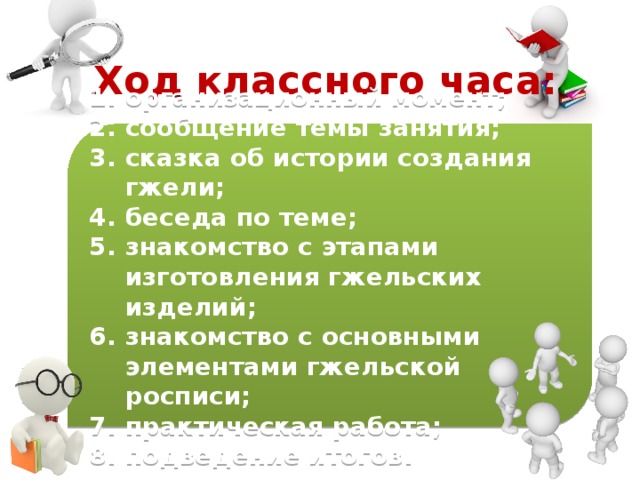 Ход классного часа: организационный момент; сообщение темы занятия; сказка об истории создания гжели; беседа по теме; знакомство с этапами изготовления гжельских изделий; знакомство с основными элементами гжельской росписи; практическая работа; подведение итогов. 