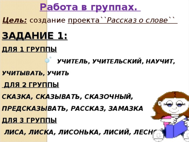 Работа в группах. Цель: создание проекта ``Рассказ о слове`` ЗАДАНИЕ 1:   ДЛЯ 1 ГРУППЫ  УЧИТЕЛЬ, УЧИТЕЛЬСКИЙ, НАУЧИТ, УЧИТЫВАТЬ, УЧИТЬ  ДЛЯ 2 ГРУППЫ   СКАЗКА, СКАЗЫВАТЬ, СКАЗОЧНЫЙ, ПРЕДСКАЗЫВАТЬ, РАССКАЗ, ЗАМАЗКА  ДЛЯ 3 ГРУППЫ    ЛИСА, ЛИСКА, ЛИСОНЬКА, ЛИСИЙ, ЛЕСНОЙ