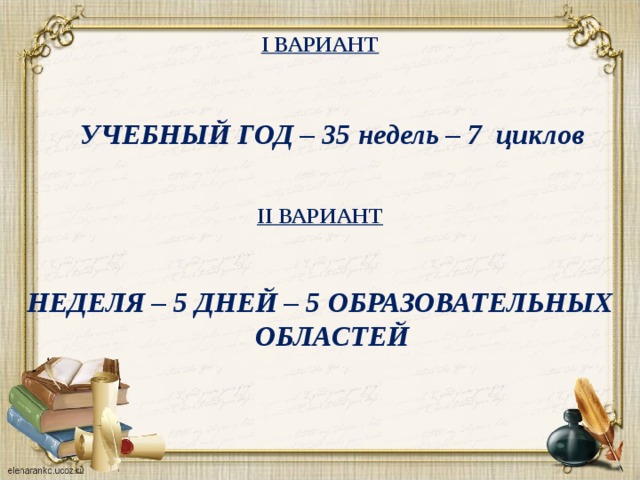 I ВАРИАНТ   УЧЕБНЫЙ ГОД – 35 недель – 7 циклов   II ВАРИАНТ   НЕДЕЛЯ – 5 ДНЕЙ – 5 ОБРАЗОВАТЕЛЬНЫХ ОБЛАСТЕЙ